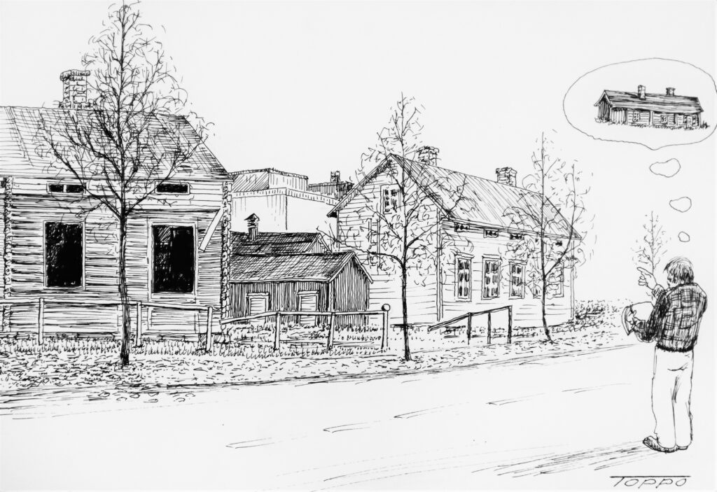 Kuvassa Osmo Santamäen mustavalkoinen tussipiirustus, jossa mies piirtää vanhaa puurakennusta. Puurakennus on sijainnut osoitteessa Kauppakatu 9 ja 10, Tornio.