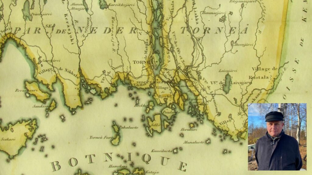 Kuvassa 1800-luvulta peräisin oleva kartta, jossa esitetään Tornion alueen merivesistöä. Oikeassa alakulmassa valokuva Juha Ylimaunusta