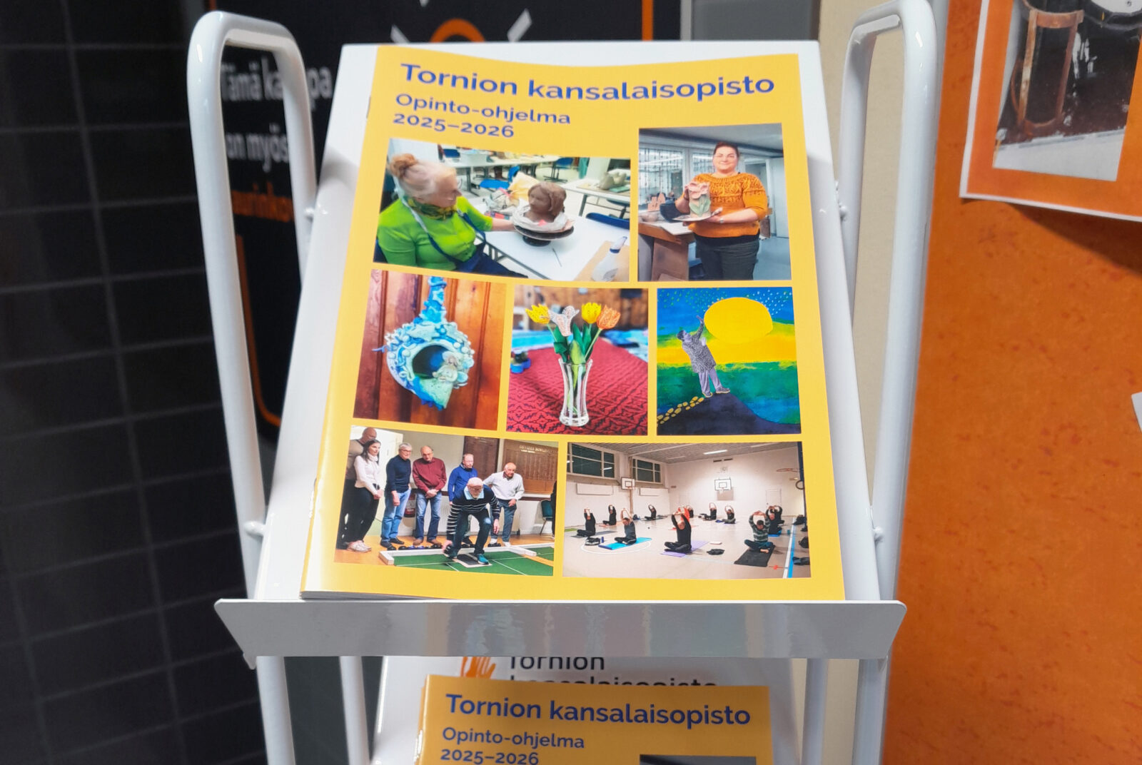 Värikäs lehti pinossa valkoisessa telineessä.