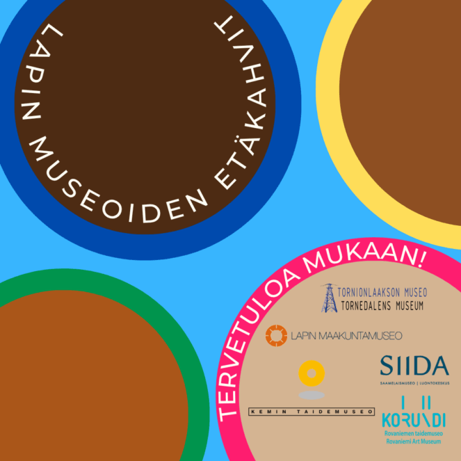 Piirros, jossa kuvataan kahvikuppeja ylhäältä päin. Kuppien päällä tekstit "Lapin museoiden etäkahvit" ja "Tervetuloa mukaan!" sekä järjestäjämuseoiden logot.
