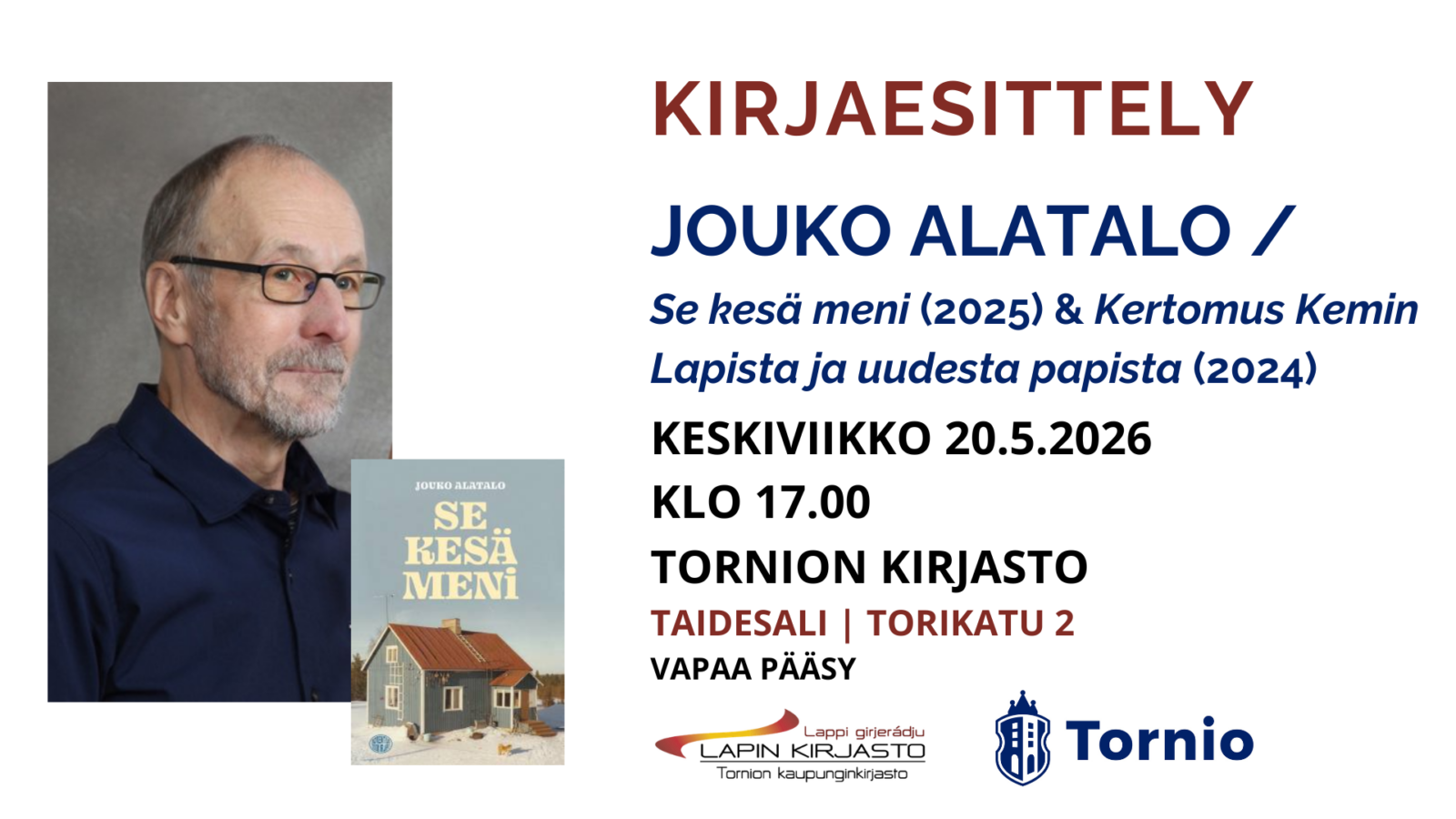 Kirjastossa keskiviikkona 20.5.2026 klo 17 kirjaesittely: Jouko Alatalo